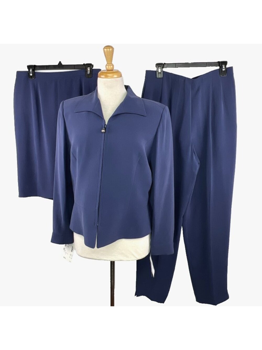Vtg 90s Dana Buchman Sz 14P 3pc Blue 100% Silk Suit Set Jacket Skirt Pants Lined